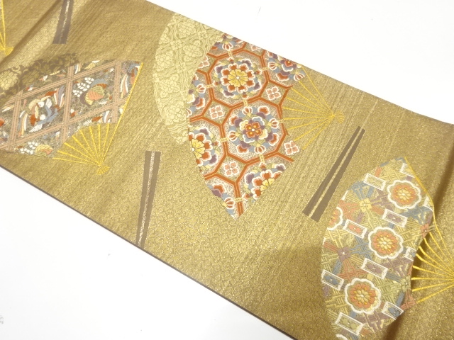 JAPANESE KIMONO / ANTIQUE FUKURO OBI / SILK / WOVEN FOLDING FAN & FLOWERS & BIRDS & CLASSICAL PATTERN